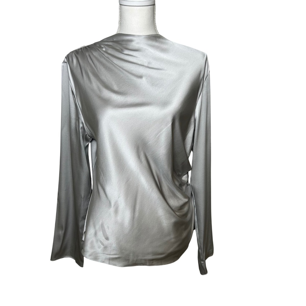 LILYSILK NWT Olique Wave Silk Charmeuse Long Sleeve Blouse Silver Gray ruched 12